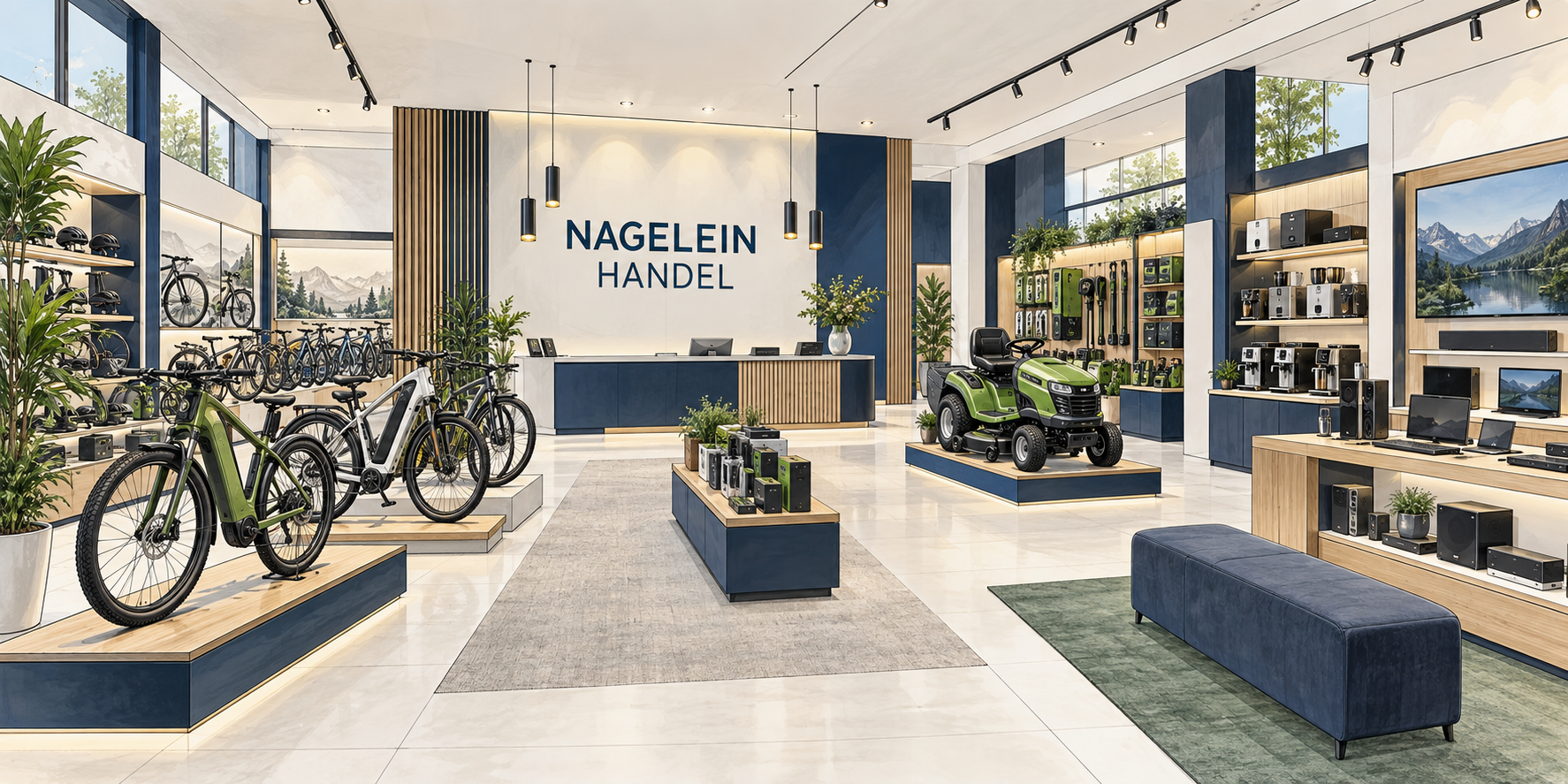 Illustration eines Nagelein-Handel-Showrooms mit Fahrrädern, Gartentechnik und Haushaltsgeräten
